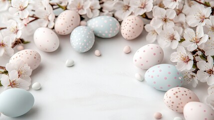 Obraz premium Easter eggs arranged with cherry blossoms in a spring setting creating a festive atmosphere and celebration of seasonal beauty