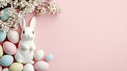 Obraz premium Spring celebration features a charming white bunny among colorful eggs and blossoming flowers on a pastel background