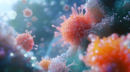 Colorful spheres of different sizes representing microscopic cells in a laboratory setting