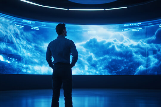 Man observes stormy weather simulation in immersive virtual environment