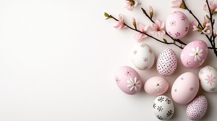 Fototapeta premium Colorful decorative eggs arranged with blooming branches create a festive spring atmosphere for holiday celebrations
