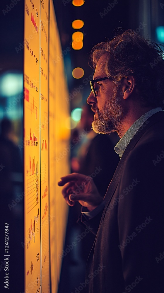 Poster Man reviewing data on illuminated board, night, event background; business presentation