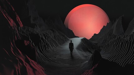 Fototapeta premium Silhouette Figure Walking Towards a Red Orb in a Wavy Landscape