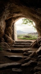 Venturing into a majestic ancient cave, I discovered worn stone steps that led to breathtaking views of lush green hills beneath a stunning sky