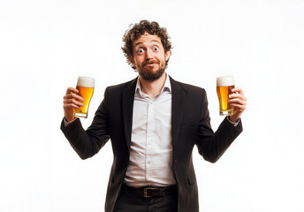 Confused businessman holding two beers, looking bewildered, comical portrait of a man in a suit with a perplexed expression