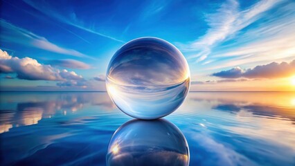Glass sphere reflecting the sky on a blue background, atmospheric effect, blue background