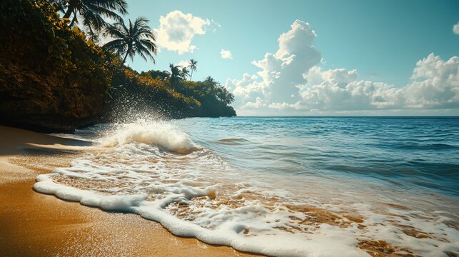 Bali beach with dramatic waves crashing onto golden sand, surrounded by lush palm trees and vibrant tropical vegetation under a clear sky