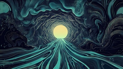 Obraz premium Abstract Teal Swirling Lines Leading To Light