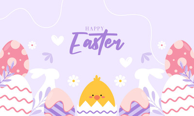 Cute Happy Easter Celebration Background with Various Colorful Painted Easter Eggs, Bunny, and Chick. Design for Season Greetings, Wallpaper, Posters, Banners, Cards, Invitations, and Many More.