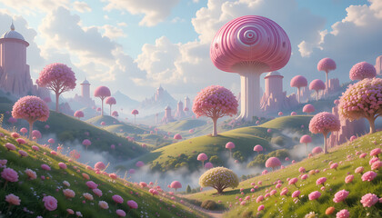 A dreamy, fantasy landscape filled with candy-shaped hills, towering pink lollipop trees, and a soft cloudy sky, creating a magical world.
