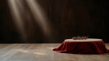 A crown of thorns is elegantly positioned on a rustic wooden pedestal, elegantly adorned with rich red fabric, and softly illuminated by gentle rays of light