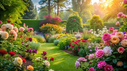 Serene garden ambiance with lush greenery and vibrant blooming roses in full bloom , blooming flowers , floral blooms