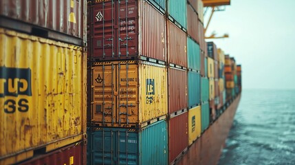 Fototapeta premium Colorful cargo containers on the deck of an ocean ship, seen from above,representing global trade and logistics, symbolizing international commerce, import export, and supply chain management concepts