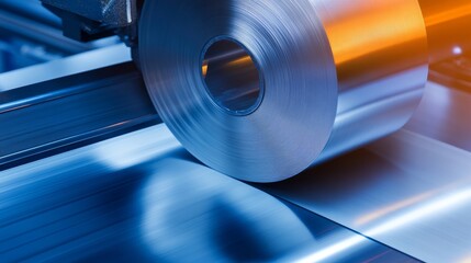 Close-up of a metallic roll being processed on an industrial machine, showcasing precision and technology