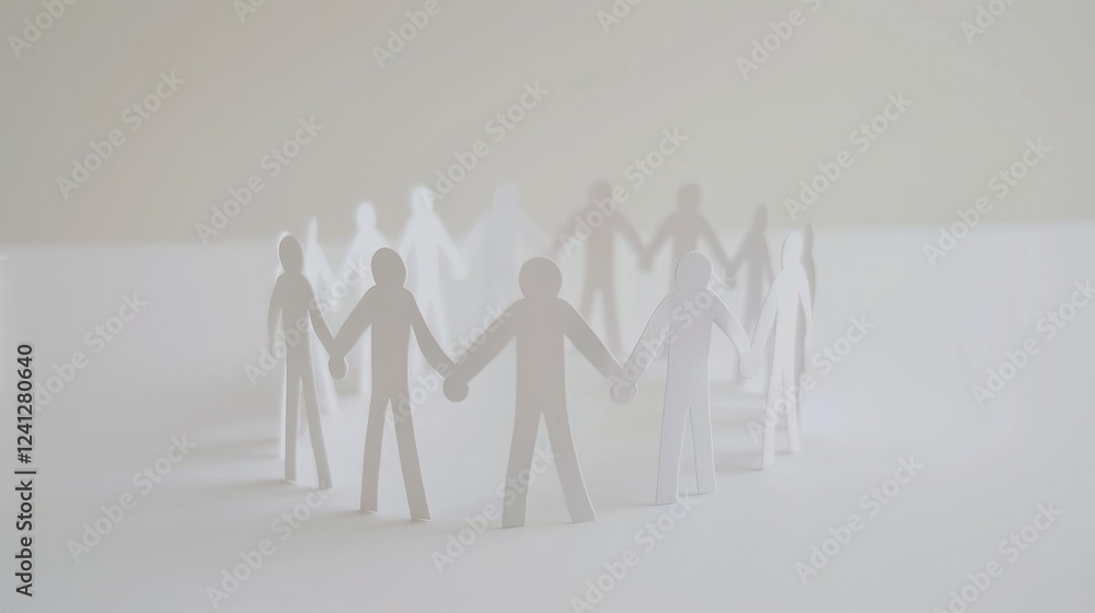 Poster this image features paper figures of people standing in a circle, holding hands in a gesture of unit