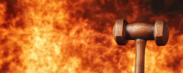A fiery background with a judgment hammer prominently displayed, symbolizing justice under pressure