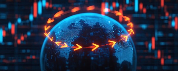 A glowing Earth with vibrant stock market arrows circling it, symbolizing rising global financial trends