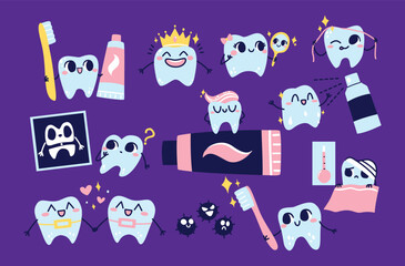 A collection of cute and fun tooth mascots demonstrating dental care activities such as brushing, flossing, using mouthwash, and orthodontic care. Ideal for educational materials and dental branding.