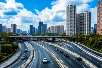 Fototapeta premium Wide Urban Highway with City Buildings – Modern Cityscape View