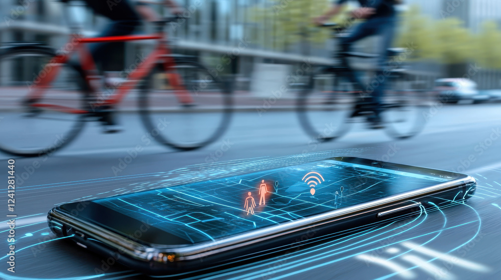 Poster smartphone displaying digital map with cyclists in background, showcasing connectivity and navigatio