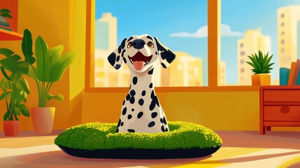 A cheerful cartoon dog sitting in a green pet bed, with a bright city background.