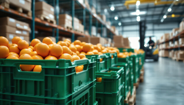 Cajas verdes llenas de naranjas almacenadas en un almac&eacute;n industrial con estanter&iacute;as y montacargas.