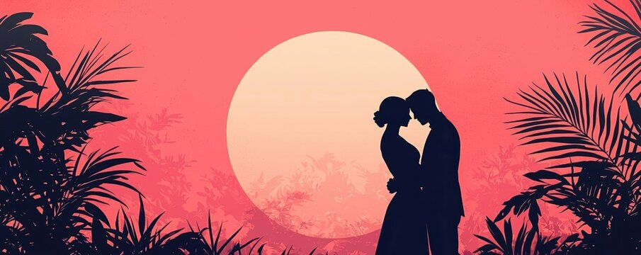 Silhouettes of a couple embracing during a sunset with soft pink and red hues, eternal romance