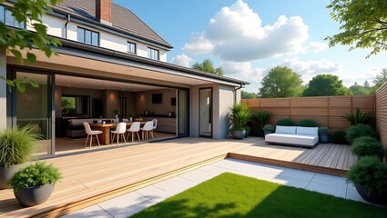 Fototapeta premium Modern Backyard with a Spacious Wooden Deck and Cozy Lounge Area
