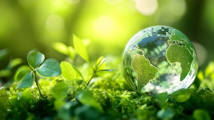 Crystal globe set among vibrant green moss and delicate leaves in a serene natural environment