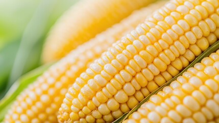 Fresh corn cobs, close-up, harvest, green leaves background, food