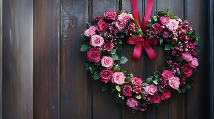 wreath made of pink roses and red ribbon hangs on a door, welcoming