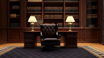 Elegant office interior featuring a leather chair, wooden desk, and bookshelves, creating a sophisticated atmosphere
