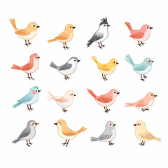 Set of spring birds. Different birds. Beautiful and cute multi-coloured birds. Vector cartoon illustration in childish style. Images are isolated on white.	