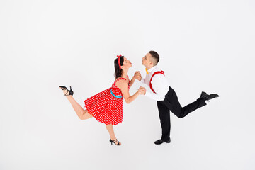 Photo of pretty lovely young couple professional choreographers dancing battle concert performance...