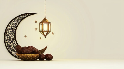 Ramadan symbolizes purity prayer and charity under the crescent. Decorative Bowl with Dates, Lantern and Moon on Neutral Background