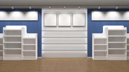 Shop interior mockup with blank cardboard display stands, white niche with shelves and lightboxes, hanging banners and blue wall. 3d illustration