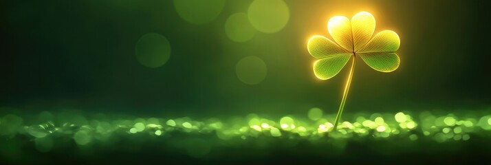 A minimalistic green background with a single golden clover in the center and a gradient glow