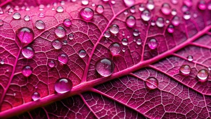 Fototapeta premium Close-up of a fuchsia-colored leaf with sticky droplets of viscous liquid coating its surface, dripping slime, leaf, greenery, botanical photography, plant details