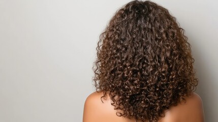 Woman with curly hair stands against a light wall, showcasing vibrant texture and natural beauty in a minimalist setting during daylight