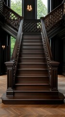 Elegant wooden staircase in a vintage-style interior with natural light filtering through large windows
