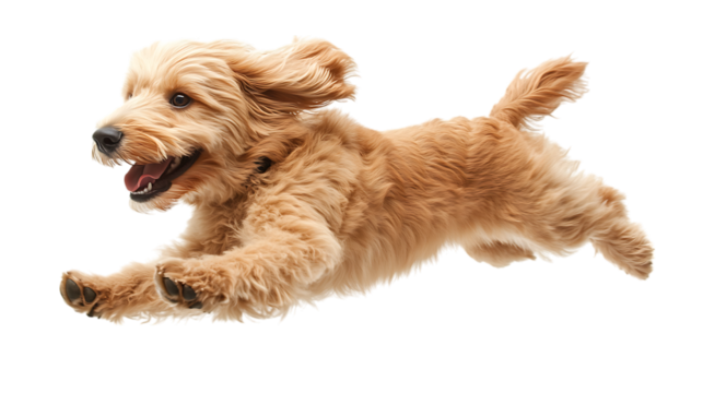 A brown dog in mid-air, leaping through the air.The background is plain white.