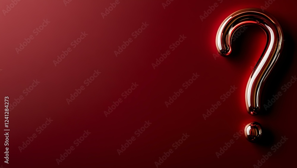 Poster glowing red question mark on dark burgundy background with dramatic lighting and metallic chrome fin