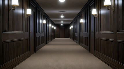 Long, dimly lit hallway with elegant wall fixtures and textured panels, creating an inviting atmosphere in a modern hotel setting at night
