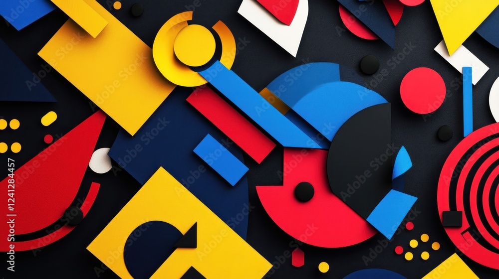 Poster an energetic geometric composition with overlapping shapes in vibrant colors on dark background