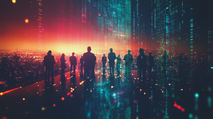 abstract professional business team people connection of line from nail node to node on Smart digital cityscap and skyline background , Innovation networking concept