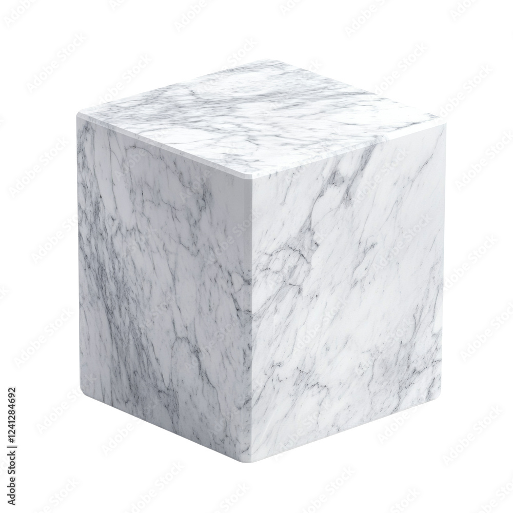 Poster a pristine white marble cube sits on a black background showcasing its veined texture and clean line