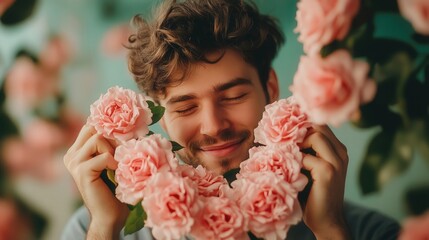 Obraz premium pink roses in a heart shape, smiling softly as he prepares a romantic surprise for his partner