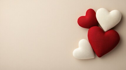 Fototapeta premium Red heart-shaped fabric garland is beautifully displayed on a light, wooden background, evoking a nostalgic Valentine's Day atmosphere