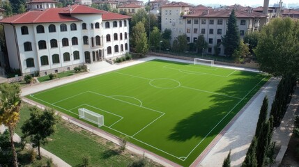 Fototapeta premium Green soccer field surrounded by buildings in a sunny afternoon setting creates a vibrant sports atmosphere