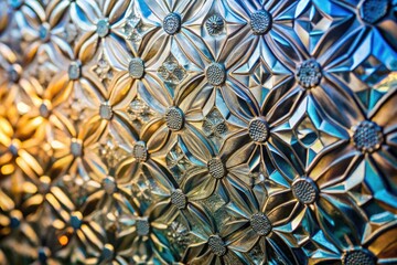 Close-up of chrome textured glass with intricate patterns and reflections, mirror like finish, ornate glass, chrome inlay, reflective ornamentation